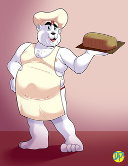 anthro apron black_nose bread chef_hat clothing food fur hat headgear headwear male nipples overweight overweight_anthro overweight_male solo text text_on_clothing text_on_headwear white_body white_fur dirty-palms bimbo_(bakery) bimbo_bread bimbo_bear bear mammal polar_bear ursine 2020 hi_res