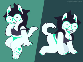 all_fours anthro bdsm bite biting_lip black_hair bottomless bra_strap buckteeth bulge claws clothed clothing colored_nails crop_top eyewear female finger_claws fur glasses gynomorph hair intersex long_hair nails panties pantsless pawpads paws petplay pose puppyplay roleplay shirt solo tail teeth toe_claws tongue tongue_out topwear underwear white_body white_fur ashleyorange homestuck ms_paint_adventures jade_harley canid canine human hybrid mammal absurd_res hi_res pinup