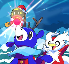 ambiguous_gender anthro antlers beak black_eyes blue_eyes christmas_clothing christmas_headwear clothing eyes_closed feral glowing glowing_nose grey_body group hat headgear headwear holidays horn markings mountain multicolored_body open_beak open_mouth plant santa_hat smile snow sparkles sparkling_eyes spruce tongue tree trio two_tone_body whisker_markings white_eyes sleepy_sealion christmas nintendo pokemon avian bird delibird generation_2_pokemon generation_7_pokemon generation_9_pokemon pokemon_(species) popplio tadbulb 2025 absurd_res hi_res