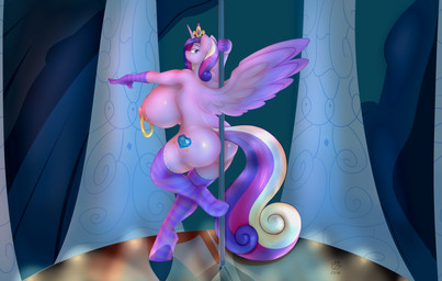 anthro areola big_breasts breasts butt dancing erect_nipples feathered_wings feathers female horn huge_breasts hyper hyper_breasts nipple_piercing nipples piercing pole pole_dancing smile solo wings badgerben friendship_is_magic hasbro my_little_pony mythology princess_cadance_(mlp) equid equine mammal mythological_creature mythological_equine winged_unicorn 2016 absurd_res hi_res