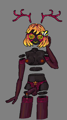 antennae_(anatomy) antlers blonde_hair blush breasts clothing facial_markings genitals gynomorph hair head_markings horn intersex lingerie machine markings nipples penis smile solo standing yellow_eyes tellsludge corru.observer bsteli_(corru.observer) humanoid robot thoughtform hi_res