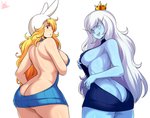 blonde_hair blue_body blue_clothing blue_skin blue_sweater blue_topwear breasts butt butt_cleavage clothing crown duo fake_ears fake_rabbit_ears female hair hat headgear headwear long_hair looking_back not_furry sharp_teeth side_boob simple_background smile sweater teeth topwear virgin_killer_sweater white_hair jmg adventure_time cartoon_network meme_clothing fionna_the_human ice_queen human humanoid mammal hi_res meme