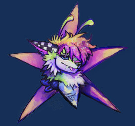 ambiguous_gender antennae_(anatomy) blep blonde_hair blue_eyes blue_kerchief checkered_markings feral fur gradient_hair green_body green_fur hair kerchief looking_at_viewer markings multicolored_hair orange_hair pattern_background pattern_kerchief pink_hair pink_snout simple_background snaggle_tooth solo sparklefur star-shaped_background star_(marking) star_pattern star_polygon tongue tongue_out white_body white_fur pinatareaper alien alien_dog canid canine canis coyote fox hybrid mammal 2026 absurd_res alpha_channel digital_drawing_(artwork) digital_media_(artwork) hi_res signature