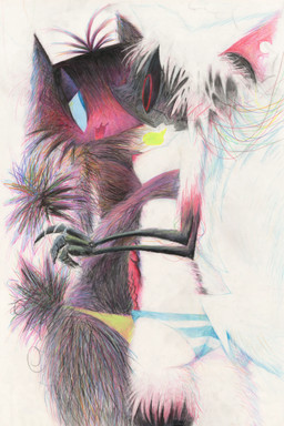animal_genitalia animal_penis anthro black_body black_fur black_sclera blue_clothing blue_underwear breast_squish breasts breasts_frottage cable canine_genitalia canine_penis clothing duo exposed_endoskeleton female fur genitals green_clothing green_underwear gynomorph intersex intersex/female pattern_clothing pattern_underwear penis penis_on_belly red_eyes squish striped_clothing striped_underwear stripes torn_flesh underwear vein veiny_penis white_body white_fur lovelynezu arctic_wolf canid canine canis lagomorph leporid mammal rabbit robot_anthro wolf absurd_res colored_pencil_(artwork) hi_res traditional_media_(artwork)