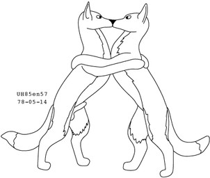 animal_genitalia balls duo eye_contact female feral fox_tail fur genitals hug kiss_on_lips kissing looking_at_another male male/female on_hind_legs sheath simple_background standing tail white_background urbanhermit canid canine fox mammal 1978 20th_century ancient_art black_and_white dated low_res monochrome