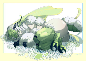 4_arms antennae_(anatomy) arthropod_abdomen big_butt black_sclera butt clothing convenient_censorship curled_up cute_fangs digitigrade exoskeleton fangs female fetal_pose flower fur green_hair hair legwear looking_at_viewer multi_arm multi_limb multicolored_hair nude plant solo teeth thigh_highs white_body white_fur white_hair white_skin yellow_eyes egocider vtuber juniper_actias animal_humanoid arthropod arthropod_humanoid humanoid insect insect_humanoid lepidopteran lepidopteran_humanoid moth moth_humanoid 2025 hi_res