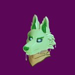 anthro blue_eyes clothed clothing fur green_body green_fur green_hair green_nose green_skin hair male purple_background simple_background slime solo morinkashi canid canine canis goo_creature hybrid mammal wolf wolfdog 1:1 absurd_res hi_res