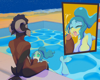 anthro beach bodily_fluids breasts butt cum cum_in_mouth cum_inside duo erection fellatio female genital_fluids genitals hair holidays male male/female nipples nude oral outside penile penis poolside sand sea sex sitting sky smile star starry_sky swimming_pool tail water burundanga brand_new_animal halloween studio_trigger izzy_(blubunny82) nina_flip aquatic bovid caprine cetacean dolphin mammal sheep toothed_whale 5:4 hi_res