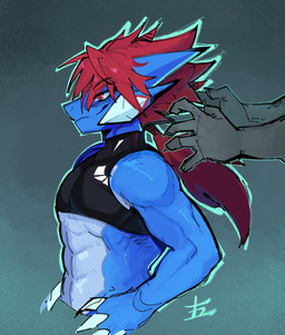 anthro black_body blue_body clothed clothing duo hair male male/male red_eyes red_hair simple_background smile goonie-san mythology goon_(goonie_san) rakuo canid canine canis domestic_dog dragon mammal mythological_creature mythological_scalie scalie hi_res