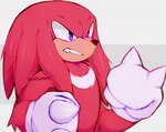 anthro clothing fist fur gloves hair handwear male purple_eyes purple_sclera red_body red_fur red_hair simple_background solo teeth white_background white_clothing white_gloves white_handwear spacemvtt sega sonic_the_hedgehog_(series) knuckles_the_echidna echidna mammal monotreme 2021 digital_media_(artwork) half-length_portrait hi_res portrait signature