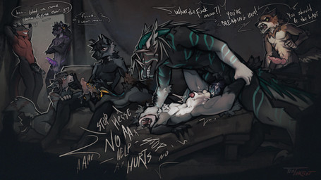 abuse abused anthro aroused bed begging_to_stop bodily_fluids broken_bed cleaning_cock cum cum_inside dialogue explicitly_stated_nonconsent forced furniture gangbang genital_fluids group group_sex head_grab holding_leg male male/male male_rape male_raped male_raping_male pain painful_penetration rape screaming sex size_difference twolfie distortist kurothepanther myji valkxis vriach_(danym) zidanewolf zidanewolf1 hi_res