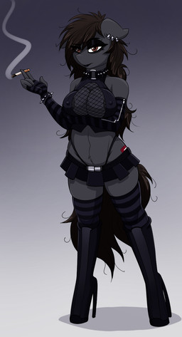 alternative_fashion anthro areola armwear biped black_lipstick boots bottomwear bracelet breasts brown_eyes brown_hair cigarette cleavage clothed clothing collar cutie_mark elbow_gloves eyeshadow female footwear gloves goth hair handwear high_heeled_boots high_heels jewelry legwear lipstick looking_at_viewer makeup miniskirt nipple_outline piercing pose prostitution shoes skirt socks solo spiked_bracelet spikes thigh_boots thigh_highs thong underwear replica_(artist) hasbro my_little_pony fan_character replica_(oc) equid equine horse mammal pony 2018 hi_res