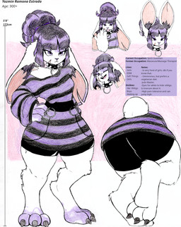 3_toes anthro big_ears chart claws clothed clothing collar facial_scar feet female fur gesture hair hair_bun hand_gesture height_chart inner_ear_fluff middle_finger scar solo spiked_collar spikes tail teeth text toes tuft white_body white_fur jazzmaster_j yazmin_(jazzmaster_j) lagomorph leporid mammal rabbit 2026 hi_res model_sheet traditional_media_(artwork)