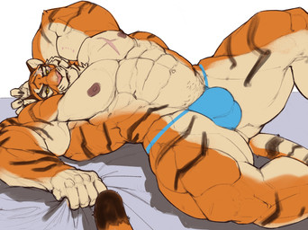5_fingers abs anthro areola arm_scar barazoku bedding biceps big_bulge big_muscles biped bite_mark blue_clothing blue_underwear brown_areola brown_body brown_fur brown_nipples brown_stripes bulge chest_scar claws closed_smile clothed clothed_anthro clothed_male clothing countershade_face countershade_fur countershade_legs countershade_tail countershade_torso countershading deltoids dipstick_tail eye_scar facial_scar fangs finger_claws fingers fur hand_behind_head huge_muscles humanoid_hands looking_at_viewer lying male male_anthro markings mouth_closed multicolored_body multicolored_fur muscular muscular_anthro muscular_male navel nipples on_back orange_body orange_fur pecs pink_nose quads scar serratus simple_background smile smiling_at_viewer solo striped_body striped_fur striped_markings striped_tail stripes tail tail_markings teeth topless topless_anthro topless_male underwear underwear_only unsigned white_body white_countershading white_fur yellow_sclera oldshep epic_games fortnite oscar_(fortnite) felid mammal pantherine tiger colored_sketch digital_drawing_(artwork) digital_media_(artwork) hi_res sketch