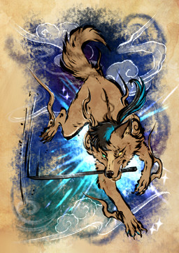 action_pose blade feral green_eyes jumping male melee_weapon midair pose solo sword tail weapon yellow_eyes thehavanawolf capcom okami_(capcom) canid canine mammal absurd_res hi_res huge_filesize