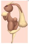 ambiguous_gender brown_body brown_tail butt fur looking_at_viewer on_model on_one_leg one_calf_up open_mouth pink_tongue raised_calf red_eyes scut_tail short_tail simple_background smile solo standing tail tan_background tongue an-tonio nintendo pokemon generation_4_pokemon lagomorph lopunny mammal pokemon_(species) 2023 absurd_res hi_res shaded