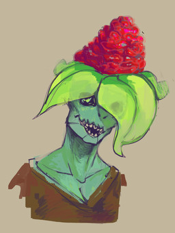 breasts brown_clothing brown_shirt brown_topwear cleavage clothed clothing female green_body leaf leaf_hair not_furry open_mouth plant plant_hair pseudo_hair segmented_body shampoo_ginger sharp_teeth shirt solo teeth topwear feyhearts chucklefish starbound elemental_creature flora_fauna floran humanoid 2026 absurd_res colored_sketch digital_media_(artwork) hi_res sketch