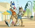 3_toes 4_toes accident anthro barefoot blush boardwalk clothed clothing date dessert duo feet female food ice_cream male male/female messy outside pawpads paws toes nicnak044 nicole_(nicnak044) rooth canada_lynx felid feline felis kangaroo lynx macropod mammal marsupial