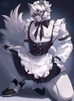 abs anthro apron areola belt biceps black_belt black_bow_tie black_clothing black_dress black_nose bow_tie cheek_tuft claws clothed clothed_anthro clothed_male clothing collarbone covered_eyes crossdressing crossdressing_male cybernetic_leg cybernetic_limb dress facial_tuft finger_claws fingers fluffy fluffy_tail footwear front_view fur furgonomics gradient_background gradient_hair grey_background hair hands_on_hips inner_ear_fluff kemono kneeling long_tail looking_at_viewer maid_headdress maid_uniform male male_anthro mechanical_leg monotone_body muscular muscular_anthro muscular_male muzzle_(object) muzzled nipples obscured_eyes one_eye_obstructed one_leg_on_ground pecs pointy_ears pose prick_ears red_eyes serratus short_hair simple_background solo tail topless topless_male tuft uniform white_apron white_arms white_body white_chest white_clothing white_fingers white_fur white_hair white_hands white_legs white_nipples whitebaloo mihoyo zenless_zone_zero von_lycaon canid canine canis mammal thiren wolf 2026 digital_drawing_(artwork) digital_media_(artwork) full-length_portrait hi_res pinup portrait
