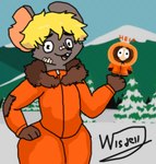 anthro black_nose blonde_hair clothed clothing duo female hair male male/female open_mouth orange_clothing outside pink_tongue plant shirt snow standing teeth tongue topwear tree wisdell_art comedy_central south_park kenneth_mccormick mammal murid murine rat rodent