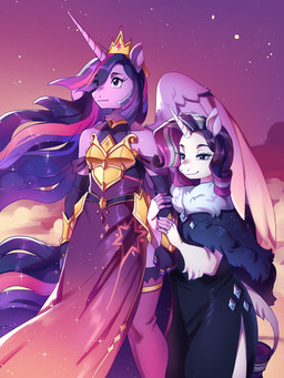 aged_up anthro anthrofied arm_grab armwear breasts clothed clothing crown dress duo elbow_gloves eye_through_hair eyebrow_through_hair eyebrows female female/female fingerless_gloves fur gloves grey_highlights hair handwear headgear highlights_(coloring) horn legwear long_hair mature_anthro mature_female outside pink_highlights purple_body purple_fur purple_hair standing stockings sunset thigh_highs tiara translucent translucent_hair white_body white_fur wings frogbians friendship_is_magic hasbro my_little_pony mythology rarity_(mlp) twilight_sparkle_(mlp) equid equine mammal mythological_creature mythological_equine unicorn winged_unicorn 3:4 absurd_res hi_res