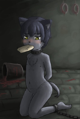 anthro black_nose blush bound bucket chain chained collar container disembodied_penis duo fellatio fur genitals grey_body grey_fur grey_hair hair human_on_anthro inside interspecies kneeling male male/male nipples nude oral penile penis sex shota spiked_collar spikes yellow_eyes young young_anthro young_male elsr.lobo canid canine human mammal 2015 absurd_res hi_res