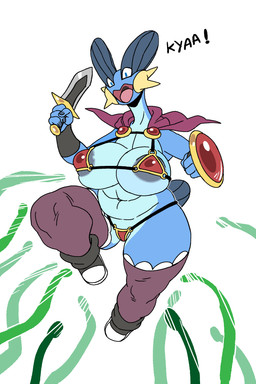 anthro areola armor big_breasts blue_eyes breasts cape clothed clothing dialogue female huge_breasts melee_weapon non-mammal_breasts open_mouth plant pokemorph shield skimpy slightly_chubby solo sword text unconvincing_armor vines weapon yelling jijis-waifus nintendo pokemon amphibian generation_3_pokemon pokemon_(species) swampert 2017 2:3 absurd_res english_text hi_res