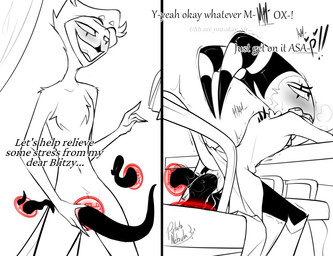 2_horns 4_eyes 4_fingers anal anal_penetration anthro anthro_penetrating anthro_penetrating_humanoid beak black_tentacles black_text blush bodily_fluids boots bottomwear breath chair clothed clothed/nude clothed_humanoid clothed_male clothing coat dialogue duo empty_eyes eyebrows feathers fingers footwear furniture heart_symbol horn humanoid_on_anthro humanoid_penetrated interspecies magic male male/male male_anthro male_humanoid male_penetrated male_penetrating male_penetrating_male moan motion_lines multi_eye non-euclidean_sex nude nude_anthro nude_male offscreen_character open_mouth pants penetration portal portal_sex public public_sex raised_tail sex sharp_teeth shoes sitting stealth_sex striped_horn stripes stuttering sweat sweaty_face table tail tail_feathers talking_to_another talking_to_self teeth tentacle_in_ass tentacle_penetration tentacles text thinking_with_portals tongue topwear potatonebula hellaverse helluva_boss blitzo_(helluva_boss) stolas_(helluva_boss) avian bird demon demon_humanoid humanoid owl owl_demon 2025 black_and_white_and_red comic english_text restricted_palette signature