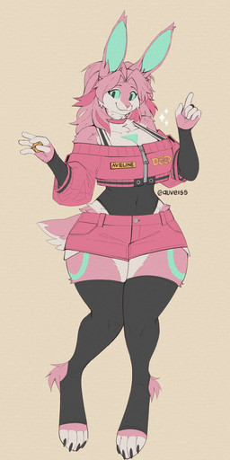 5_fingers alternate_species anthro big_breasts bottomwear breasts clothing crop_top d20 dice female fingers footwear hoodie leggings legwear ring shirt shorts socks solo tail text thigh_highs thigh_socks topwear wide_hips auveiss aveline_(auveiss) lagomorph leporid mammal rabbit absurd_res english_text hi_res
