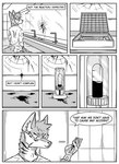 absurd_res anthro black_and_white blood bodily_fluids canid canine clothed clothing comic door english_text faucet fox hi_res inner_ear_fluff inside kifyun2 male mammal mirror monochrome prosthetic prosthetic_arm prosthetic_limb simple_background sink solo speech_bubble suitcase tatsuo_kimura text tuft vial