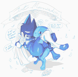 anthro black_body blue_body blue_fur bodily_fluids bridal_carry carrying_another clothed clothing dialogue digit_ring duo fur gloves handwear jewelry legwear male male/male open_mouth open_smile ring romantic romantic_couple simple_background smile speech_bubble sweat text thick_thighs wedding wedding_ring submarine_screw cartoon_network mao_mao:_heroes_of_pure_heart ol'_blue sheriff_mao_mao_mao canid canine canis domestic_cat domestic_dog felid feline felis mammal 2026 digital_media_(artwork) english_text hi_res