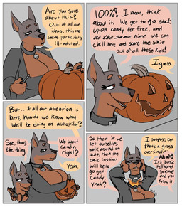 2_heads big_breasts black_clothing black_dress border breasts clothing collar collar_tag detachable detachable_head dialogue dress duo female flaming_neck food for_a_head fruit headless holding_head holding_own_head holidays multi_head plant profanity pumpkin pumpkin_head text tight_clothing tight_dress white_border lowkey european_mythology halloween irish_mythology mythology lindsay_(lowkey) rosalin_(lowkey) canid canine canis dobermann domestic_dog dullahan mammal object_head pinscher two_headed_dog 2021 comic english_text hi_res