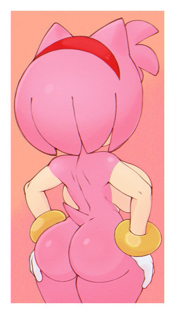 accessory anthro big_breasts big_butt border bracelet breasts bubble_butt butt clothing female glistening glistening_butt gloves gold_(metal) gold_bracelet gold_jewelry hair hands_on_hips handwear headband jewelry looking_away nude nude_anthro nude_female pink_body pink_hair solo tail thick_thighs white_border white_clothing white_gloves white_handwear wide_hips colono sega sonic_the_hedgehog_(series) amy_rose eulipotyphlan hedgehog mammal hi_res