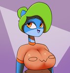 anthro big_breasts blue_body breasts clothing female green_hair hair navel orange_eyes owo shirt solo topwear jovi_cap karol_(jovi_cap) alien domestic_ferret mammal mustelid musteline true_musteline weasel hi_res