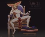 alcohol ancient anthro barefoot beverage blue_eyes bottomwear chair clothed clothing feet footstool furniture loincloth looking_at_viewer lure male medieval question_mark seductive simple_background sitting smile solo teeth text topless wine kzlion canid canine fennec_fox fox mammal true_fox detailed english_text hi_res