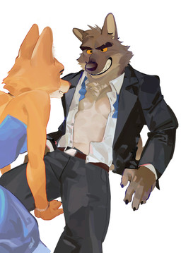 abs anthro anthro_on_anthro belt bent_over bottomwear bracelet claws clothed clothing dress duo eyebrows eyelashes female fur interspecies jacket jewelry looking_at_another male male/female muscular muscular_anthro muscular_male navel necklace necktie open_clothing open_jacket open_shirt open_topwear pants pecs shirt simple_background sitting smile suit teeth topwear tuft white_background seatohao dreamworks the_bad_guys diane_foxington mr._wolf_(the_bad_guys) canid canine canis fox mammal wolf 2022 absurd_res hi_res