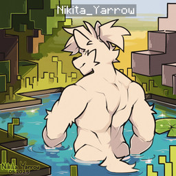anthro back_muscles biceps big_muscles biped grass hair male muscular muscular_anthro muscular_male partially_submerged plant rear_view rock solo tail tied_hair tree water white_body white_hair nikitayarrow nikita_(nikitayarrow) canid canine canis mammal wolf 1:1 2025 hi_res
