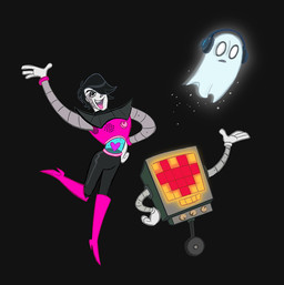 ambiguous_gender bedsheet_ghost femboy group machine male not_furry simple_background square_crossover kritterart undertale undertale_(series) mettaton mettaton_ex napstablook android ghost humanoid robot spirit 2016 digital_media_(artwork)