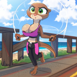 anthro areola areola_slip big_breasts biped bodily_fluids bottomwear bouncing_breasts breast_jiggle breasts brown_body clothed clothing detailed_background exercise eyelashes female green_eyes huge_breasts jiggling jump_rope multicolored_body outside pants pupils solo sweat tail topwear workout siroc disney zootopia mrs._otterton lontra mammal mustelid north_american_river_otter otter river_otter 1:1 2025 hi_res