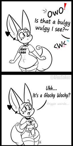 2_panel_comic anthro big_ears black_border black_eyebrows black_markings black_nose black_outline black_text border bottomwear circle_(marking) clothed clothing clothing_lift crossdressing dialogue ear_piercing eyebrows facial_markings femboy fluffy fluffy_tail fur grey_text gun handgun head_markings holster holstered_pistol humor legwear looking_offscreen male markings mouth_closed offscreen_character open_mouth outline piercing pistol raised_eyebrows ranged_weapon shirt shirt_lift shorts simple_background solo standing tail text text_on_clothing text_on_shirt text_on_topwear thigh_highs topwear weapon white_background wide_hips 4foxsakes glock alexander_leblanc_(4foxsakes) canid canine fennec_fox fox mammal true_fox 2023 absurd_res artist_name comic english_text hi_res signature