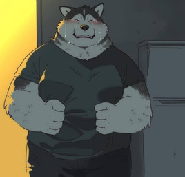 anthro blush bodily_fluids clothed clothing crying fully_clothed male overweight overweight_male sad solo tears garouzuki fuku_(garouzuki) canid canine canis domestic_dog husky mammal nordic_sled_dog spitz digital_drawing_(artwork) digital_media_(artwork)