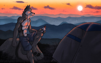adventure anthro blue_bottomwear blue_clothing blue_shorts bottle bottomwear camping camping_tent clothed clothing container fur grey_body grey_fur holding_bottle holding_container holding_object male mountain muscular muscular_anthro neck_muscles outside shorts solo sunset tent topless white_body white_fur tsaiwolf flintnightwolf canid canine canis mammal wolf 16:10 widescreen