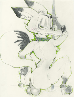 anthro anus balls big_balls big_butt butt collar collar_only fluffy fluffy_tail genitals green_eyes hand_on_butt looking_at_viewer looking_back looking_back_at_viewer male nude pole raised_tail rear_view smile solo stripper_pole tail horse420 disney zootopia nick_wilde canid canine fox mammal red_fox true_fox hi_res traditional_media_(artwork)