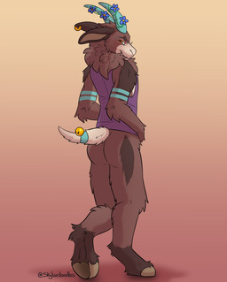 accessory anthro arm_markings bedroom_eyes bell blue_flower blush brown_body brown_fur chest_tuft clothing cloven_hooves ear_piercing eyewear flower flower_accessory fur furgonomics glasses gold_(metal) gold_jewelry hooves horn horn_accessory jewelry looking_at_viewer male markings narrowed_eyes neck_tuft piercing plant purple_clothing purple_shirt purple_topwear ring_piercing seductive shirt short_tail simple_background sleeveless_shirt solo tail tail_accessory tank_top topwear tuft skylardoodles clover_(eclipse_the_panther) bovid caprine goat mammal hi_res shaded