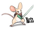 ambiguous_gender anthro big_ears frown melee_weapon scarf semi-anthro simple_background solo sword text weapon white_background gillpanda moss_(game) quill_(moss) mammal mouse murid murine rodent english_text