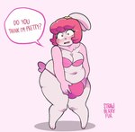 anthro big_bulge blush bra breasts bulge clothing dialogue gynomorph intersex shocked simple_background solo text underwear lilbunpinky pinky_(lilbunpinky) lagomorph leporid mammal rabbit english_text hi_res