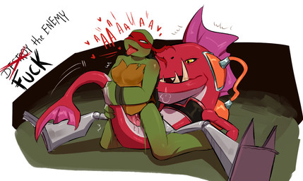 anthro anthro_on_anthro anthro_penetrated anthro_penetrating anthro_penetrating_anthro big_penis black_clothing black_eyes black_sclera black_topwear clothing crossgender erection female female_on_top female_penetrated fin genitals green_body green_eyes green_scales half-closed_eyes head_fin heart_symbol interspecies kneeling looking_at_another looking_back male male/female male_on_bottom male_penetrating male_penetrating_female moan motion_lines mtf_crossgender narrowed_eyes on_bottom on_top penetration penis pink_penis profanity red_body red_clothing red_mask red_scales red_topwear reverse_cowgirl_position robotic_leg scales sex sharp_teeth smile tail tail_fin tail_grab teeth text tongue tongue_out topwear white_body white_scales yellow_eyes jrginie teenage_mutant_ninja_turtles fishface_(tmnt) raphael_(tmnt) aquatic fish reptile scalie turtle english_text