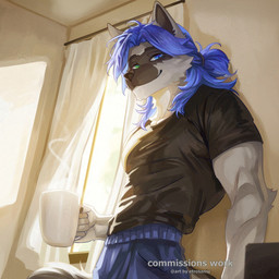 anthro black_clothing black_shirt black_topwear blue_bottomwear blue_clothing blue_eyes blue_hair blue_pants bottomwear clothing green_eyes hair heterochromia male pants ponytail shirt solo topwear etrosamu emerald_(emerald_argnet) canid canine canis domestic_dog husky mammal nordic_sled_dog spitz adversarial_noise hi_res
