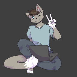 4_toes 5_fingers anthro barefoot blue_bottomwear blue_clothing blue_eyes blue_jeans blue_pants blue_shirt blue_topwear bottomwear brown_hair claws clothing computer denim denim_bottomwear denim_clothing dipstick_tail electronics feet finger_claws fingers fur grey_background grey_body grey_fur hair humanoid_feet humanoid_hands jeans laptop male markings multicolored_tail pants plantigrade shirt simple_background sitting solo tail tail_markings toes topwear white_body white_fur tuxthegoose pi_(thepiguy24) domestic_cat felid feline felis mammal 1:1 absurd_res hi_res