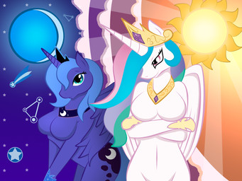 anthro anthrofied big_breasts blue_body blue_eyes blue_feathers blue_hair breasts crown cutie_mark duo feathered_wings feathers featureless_breasts female hair headgear horn jewelry long_hair looking_at_viewer moon multicolored_hair princess red_eyes royalty standing star sun white_body white_feathers wings whitmaverick friendship_is_magic hasbro my_little_pony mythology princess_celestia_(mlp) princess_luna_(mlp) equid equine horse mammal mythological_creature mythological_equine pony winged_unicorn 4:3 hi_res sibling_(lore) sister_(lore) sisters_(lore)